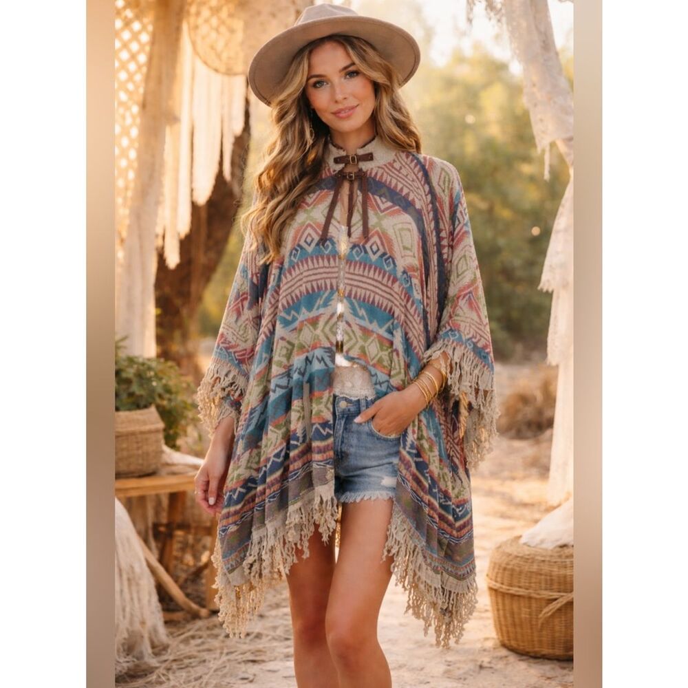 Tasha Polizzi Multicolor Aztec Print Poncho With Leather Collar Buckle